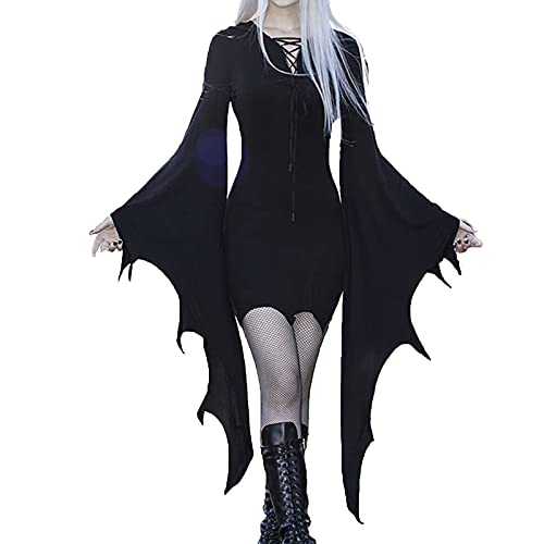 Raopuzi Damen Gothic Hexe Vintage Kleid Sexy Cocktail Fledermaus Langarm Verbandkleid Halloween Kleid (Schwarz, M) von Raopuzi