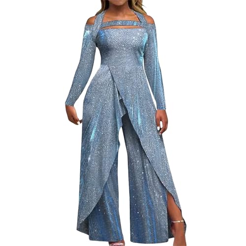 Raopuzi Damen Jumpsuit Glitzer Elegant Langarm Lang Overall Pailletten Hosenanzug Hohe Taille Playsuit Cocktail Party Festlich Romper Schulterfreies Abendkleider (Blue, M) von Raopuzi