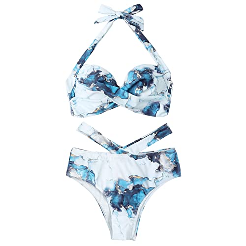 Raopuzi Damen Push Up Bikini mit Marmor Muster Neckholder Swimwear Bademode Böho Strandanzüge Cut Outs Strandmode Sets (Blau, XL) von Raopuzi