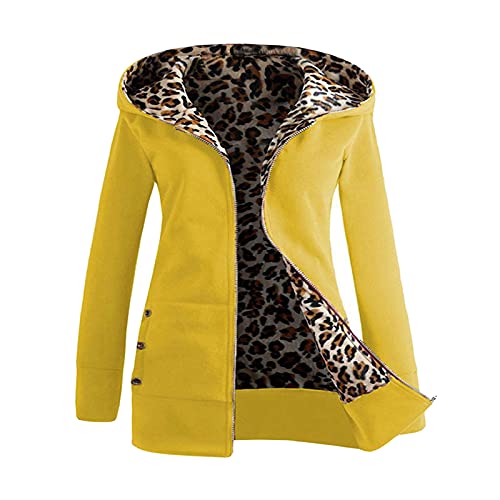 Raopuzi Damen Softshelljacke Warm gefüttert Leopard Winterjacke Winddicht mantel Oversized Dicker Wintermantel mit Tasche Zip Up Hoodie Midi Lang Jacke Übergangsjacke Sweatjacke Winter (Yellow, XL) von Raopuzi