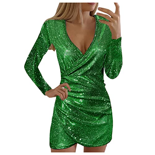 Raopuzi Glitzer Kleider Damen Pailletten Partykleid Elegant V-Ausschnitt Winterkleid Abendkleid Langarm Festlich Weihnachtskleid Glänzende Cocktailkleider Club Kleid (Grün, S) von Raopuzi