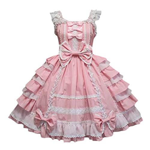 Raopuzi Gothic Lolita Midikleid Damen Mehrschichtiges Halloween Kleid Prinzessinnenkleid Ärmelloses Schleifenkleid Schnüren Maskenballkleid Kawaii Mittelalterliches Karnevalskleid (Pink, XL) von Raopuzi