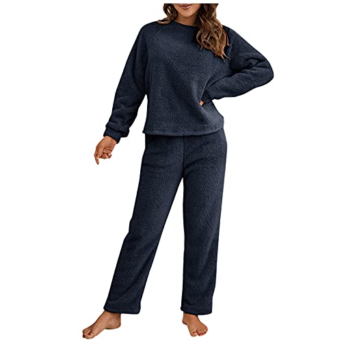 Raopuzi Hausanzug Fleece Damen Flauschig Teddyplüsch Gefüttert Winter Elegant Bekleidungsset Zweiteilig Frauen Teddyfleece Warm Freizeitanzug 2 Teilig Langarm Oberteile und Hose (Dark Blue, M) von Raopuzi