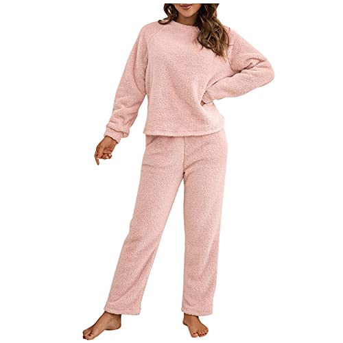Raopuzi Hausanzug Fleece Damen Flauschig Teddyplüsch Gefüttert Winter Elegant Bekleidungsset Zweiteilig Frauen Teddyfleece Warm Freizeitanzug 2 Teilig Langarm Oberteile und Hose (Pink, S) von Raopuzi