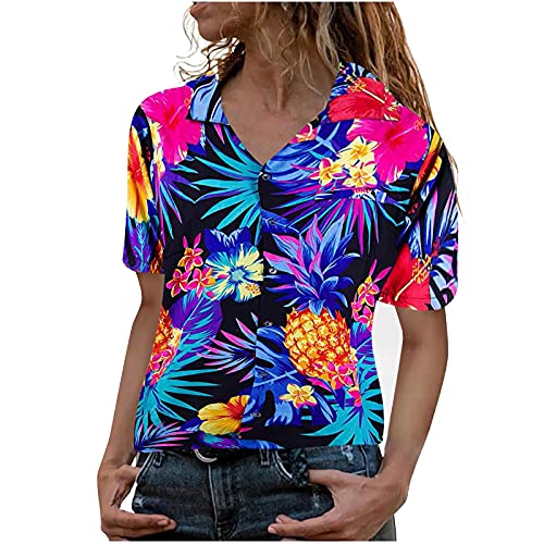 Raopuzi Hawaiihemd Damen 3D Drucken LäSsig Button Down Strandurlaub Hemd Kurzarm Hawaii Hemd Bluse Vordertasche BläTter Blumen Ananas Print (Blau, XL) von Raopuzi