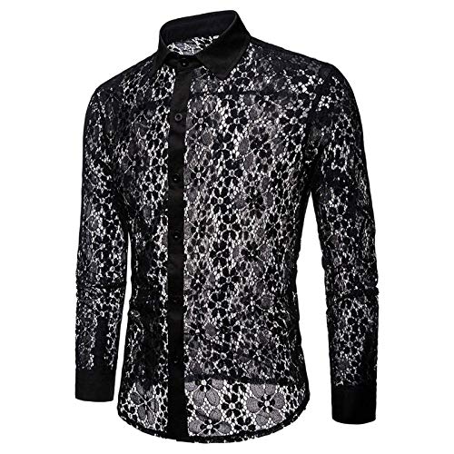 Herren Unterhemd Basic Langarm Shirt Slim fit Hemd T-Shirt Transparent Oberteile sexy Mesh Top Clubwear in Schwarz Weiß (Schwarz, L) von Raopuzi