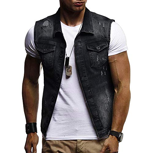 Raopuzi Herren Weste Denim Vest Jeansweste Männer Jeansjacke ohne Ärmel in angesagten Farben Herren Denim Weste Zerreißendes Deko Fashion Casual Jeansweste für Freizeit (Schwarz, XXL) von Raopuzi