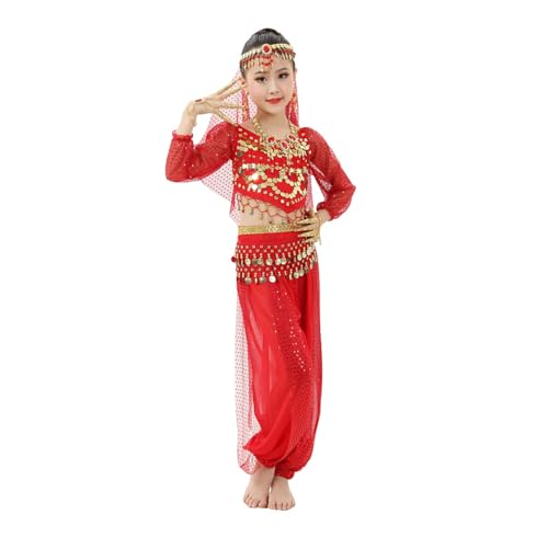 Raopuzi Mädchens Kleid Bauchtanz Chiffon Kostüme Kinder Pailletten Halloween Tuch Bauchtanz Tänzer Outfit Sets Prinzessin Karneval Cosplay Faschingskostüm (Red, 7-8 Years) von Raopuzi