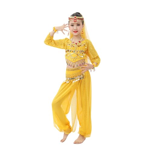 Raopuzi Mädchens Kleid Bauchtanz Chiffon Kostüme Kinder Pailletten Halloween Tuch Bauchtanz Tänzer Outfit Sets Prinzessin Karneval Cosplay Faschingskostüm (Yellow, 9-10 Years) von Raopuzi