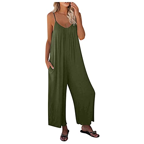 Raopuzi Sommer Damen Latzhosen Freizeit Jumpsuit Sexy Spaghettiträger Overall Hosenanzug Lose Einteiler Playsuit mit Tasche Einfarbig (Grün, M) von Raopuzi