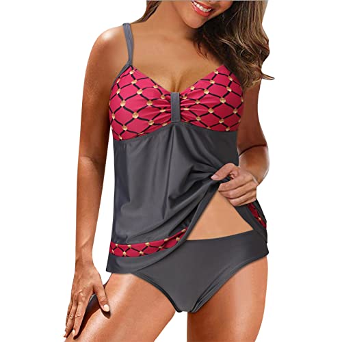 Raopuzi Tankini mit Bügel Cup D: Push Up Sexy mit Shorts Oversize mit BH für Mollige Schwarz Beach Bademode Zweiteilige Badeanzug Kleine Brüste Bauchweg Tankinis Oberteil Tankini Set (rot, L) von Raopuzi