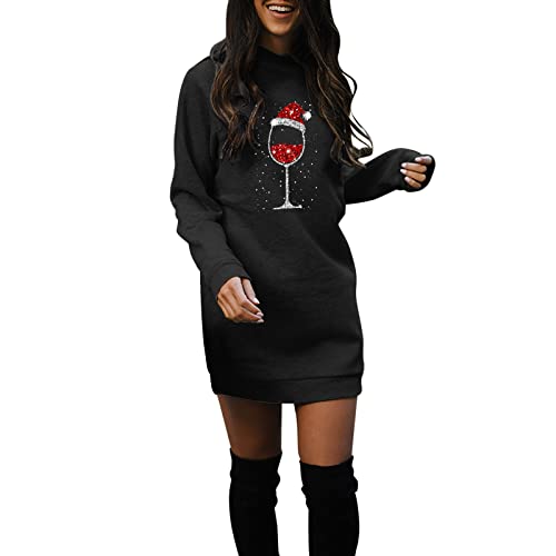 Weihnachten Sweatkleid Damen Rot Weinglas Druck Minikleid Lose Rundhals Weihnachtskleid Herbst Winter Weihnachtspullover Christmas Langarm Pulloverkleid Sweatshirt Kleider Strassenmode (Black#3, XL) von Raopuzi