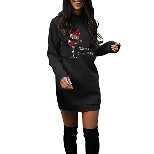 Weihnachten Sweatkleid Damen Rot Weinglas Druck Minikleid Lose Rundhals Weihnachtskleid Herbst Winter Weihnachtspullover Christmas Langarm Pulloverkleid Sweatshirt Kleider Strassenmode (Black#2, S) von Raopuzi