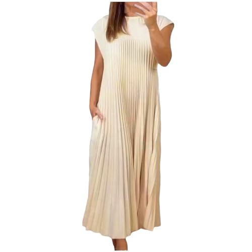 Sommerkleid Damen Elegant Ärmellos Rundhals Plisseekleid Festlich Hochzeit Lang Abendkleid A-Linie Freizeitkleid Maxi Kleid H erbst Winter Kleid mit Taschen (Beige, XXL) von Raopuzi