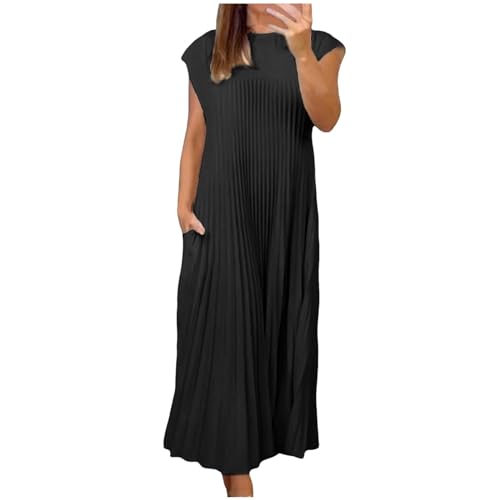 Sommerkleid Damen Elegant Ärmellos Rundhals Plisseekleid Festlich Hochzeit Lang Abendkleid A-Linie Freizeitkleid Maxi Kleid H erbst Winter Kleid mit Taschen (Black, XL) von Raopuzi