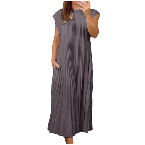 Sommerkleid Damen Elegant Ärmellos Rundhals Plisseekleid Festlich Hochzeit Lang Abendkleid A-Linie Freizeitkleid Maxi Kleid H erbst Winter Kleid mit Taschen (Grey, XXL) von Raopuzi