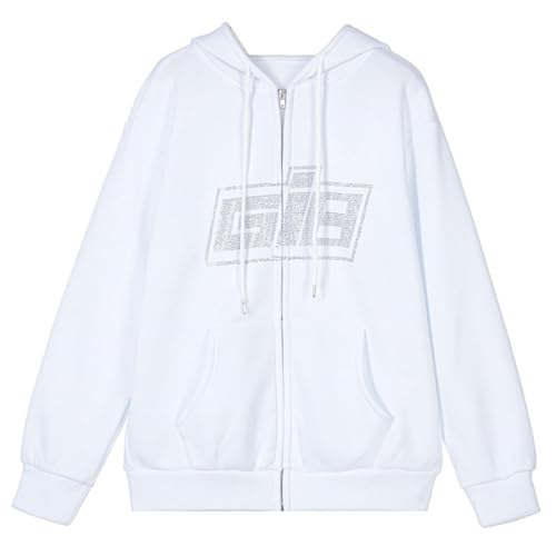 Sweatjacke Damen Übergroßes Kapuzen Hoodie Full Zip Hoodie Y-2-k Ästhetischer Oversized Sweatshirt E Girl 90s Baggy Langarm Jacke Mantel Streetwear-Jacke Herbst Winter Outwear (White, S) von Raopuzi