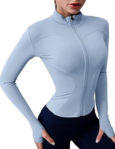 Damen Laufjacke Sportjacke Trainingsjacke Langarm Gym Fitness Shirt Oberteil Yoga Jacke Leicht Sportshirt Atmungsaktive Full Zip Sweatjacke mit Daumenloch Stil 2-Blau M von Rapbin