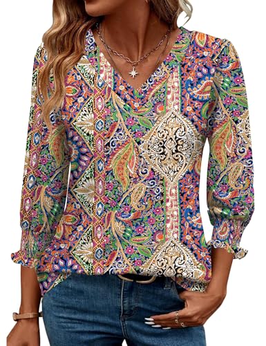 Rapbin 3/4-Ärmel, Damen-Top, Sommer, trendig, Puffärmel, V-Ausschnitt, Blusen, elegant, lässig, strukturiert, gesmoktes T-Shirt, Mehrfarbig, ethnisch, X-Large Rapbin 3/4-Ärmel, Damen-Top, Sommer, trendig, Puffärmel, V-Ausschnitt, Blusen, elegant, lässig, strukturiert, gesmoktes T-Shirt, Mehrfarbig, ethnisch, X-Large von Rapbin