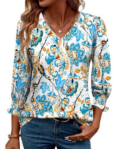 Rapbin 3/4-Ärmel, Damen-Top, Sommer, trendig, Puffärmel, V-Ausschnitt, Blusen, elegant, lässig, strukturiert, gesmoktes T-Shirt, Weiß/Blaues Blumenmuster, X-Groß Rapbin 3/4-Ärmel, Damen-Top, Sommer, trendig, Puffärmel, V-Ausschnitt, Blusen, elegant, lässig, strukturiert, gesmoktes T-Shirt, Weiß/Blaues Blumenmuster, X-Groß von Rapbin