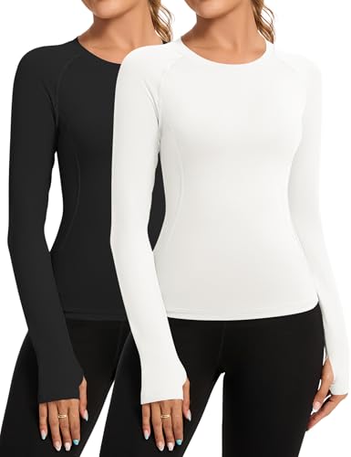 Rapbin Basic Shirt Damen Sport T-Shirts Gym Oberteil Damen Yoga Rundhals Leicht Sportshirt Running Langarm Funktionsshirt Fitness Laufshirt 2er Pack S von Rapbin