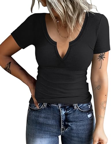 Rapbin Baumwoll Tshirt Damen Kurzärmeliges T-Shirts mit V-Ausschnitt Sommer Basic Oberteile Frauen Kurzarmshirt Tops (B-Schwarz,L) von Rapbin