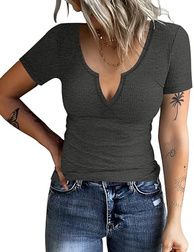 Rapbin Baumwoll Tshirt Damen Kurzärmeliges T-Shirts mit V-Ausschnitt Sommer Basic Oberteile Frauen Kurzarmshirt Tops (Dunkelgrau,L) von Rapbin