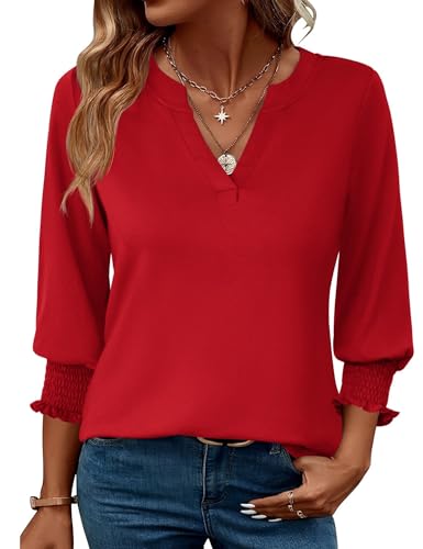 Rapbin Bluse Damen 3/4 arm langerm V-Ausschnitt Tunika Sommer Tops Locker Shirt Elegant Lässig Oberteil 2025 (L, Rot) von Rapbin