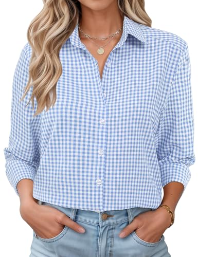 Rapbin Bluse Damen Casual Business Bluse Damen Button Down Shirts Klassische Langarm Kragen Tops Bügelleichtes Modern Oberteil Blau Kariert XL von Rapbin