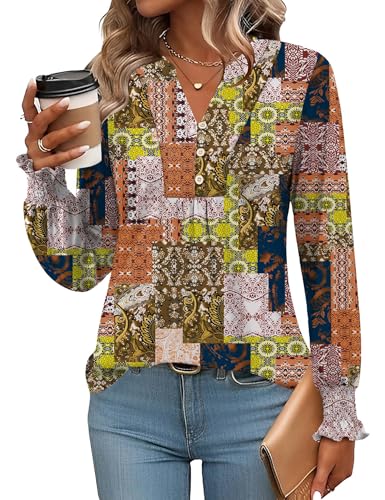 Rapbin Bluse Damen Herbst V-Ausschnitt Knopfleiste Shirt Tunika Tops Langarm Leicht Hemd Druck Multi Colored Squares S von Rapbin