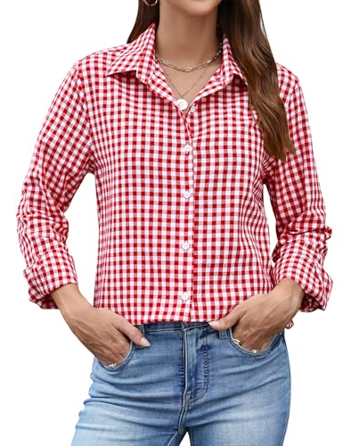 Rapbin Bluse Damen Kariert Hemden Langarm Trachtenhemd Bluse Oktoberfest Oberteile V-Ausschnitt Casual Hemdbluse Rot-weiß kariert XS von Rapbin