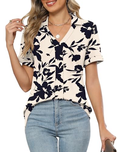 Rapbin Bluse Damen Kurzarm Sommer V-Ausschnitt Oberteile Elegant Business Hemdbluse Baumwolle Lässig Frauen Tunika Polo Shirt Blusen mit Reverskragen 2025(Aprikose Schwarz Blumen,M) von Rapbin