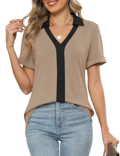 Rapbin Bluse Damen Kurzarm Sommer V-Ausschnitt Oberteile Elegant Business Hemdbluse Baumwolle Lässig Frauen Tunika Polo Shirt Blusen mit Reverskragen 2025(Schwarz Khaki,M) von Rapbin