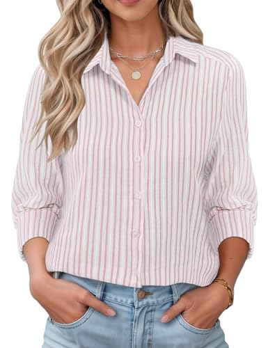 Rapbin Bluse Damen Oversized Musselin Bluse mit 100% Baumwolle V-Ausschnitt Lässiges Einfarbig Oberteile Langarm Rosa Streifen XXL von Rapbin