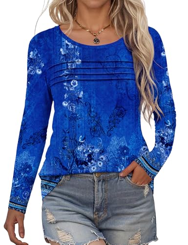 Rapbin Bluse Damen Rundhals Langarmshirt Mit Falten Lässig Pullover Herbst Elegant Locker Frauen Oberteil Blumen Tunika Shirts 2025(Blaue Blumen,S) von Rapbin