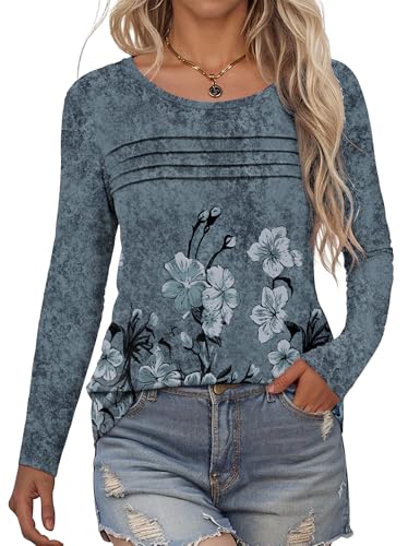Rapbin Bluse Damen Rundhals Langarmshirt Mit Falten Lässig Pullover Herbst Elegant Locker Frauen Oberteil Blumen Tunika Shirts 2025(Grau Blumen,XXL) von Rapbin
