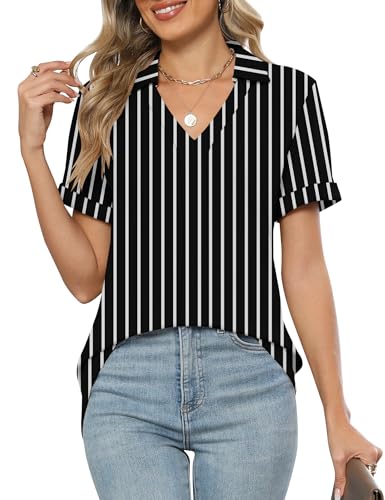 Rapbin Bluse Damen Sommer Kurzarm V-Ausschnitt Oberteile Elegant Business Hemdbluse Baumwolle Lässig Frauen Tunika Polo Shirt Blusen mit Reverskragen 2025(Schwarz Weiße Streifen,XL) von Rapbin
