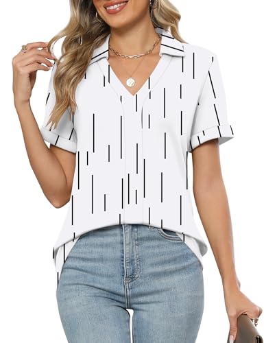 Rapbin Bluse Damen Sommer Kurzarm V-Ausschnitt Oberteile Elegant Business Hemdbluse Baumwolle Lässig Frauen Tunika Polo Shirt Blusen mit Reverskragen 2025(Weiße Blumen,XXL) von Rapbin