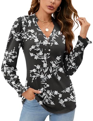 Rapbin Bluse Damen V-Ausschnitt Knopfleiste T-Shirt Langarm Tunika Tops Elegant Rüschenärmel Oberteile Schwarz Weiß Blumen XXL von Rapbin