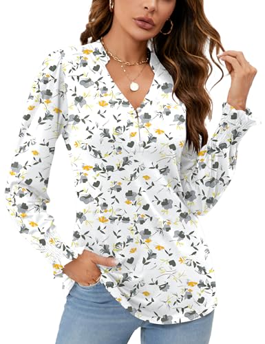 Rapbin Bluse Damen V-Ausschnitt Knopfleiste T-Shirt Langarm Tunika Tops Elegant Rüschenärmel Oberteile Tinte Weiß Blumen XXL von Rapbin