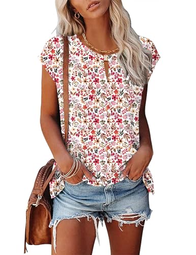 Rapbin Bluse Damen V-Ausschnitt Tops Sommer Elegant Cap Sleeve T Shirts Weiß mit roten Blumen L von Rapbin