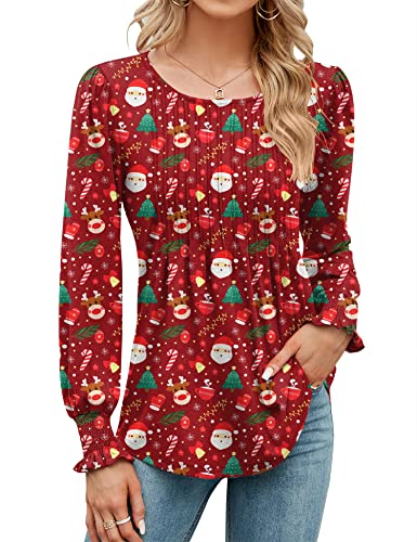 Rapbin Blusen Damen T-Shirts Rundhals Puff Langarm Tunika Oberteile Plissee Weihnachtsdruck Shirts Hemd Tops Elegant Bluse Weihnachtsrot L von Rapbin