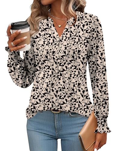 Rapbin Blusen Damen V-Ausschnitt Knopfleiste T-Shirt Tunika Langarm Top Herbst Oberteile Leicht Elegant Casual Blumen-Schwarze S von Rapbin