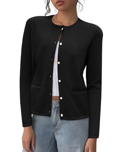 Rapbin Cardigan Damen Kurz Leichte Elegant Strickjacke Langarm Tops Rundhals Pullover Strickcardigan Herbst (XL,Schwarz) von Rapbin