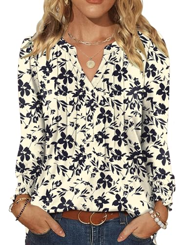 Rapbin Damen Bluse Langarm Oberteile Elegant Tops V Ausschnitt Lässige Blusenshirt Casual Shirt Herbst Tunika Bluse Tops Apricot-Schwarz M von Rapbin