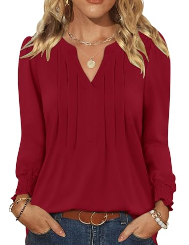 Rapbin Damen Bluse Langarm Oberteile V Ausschnitt Langarmshirt Elegant Lässige Blusenshirt Casual Shirt Herbst Tunika Bluse Tops Rot XL von Rapbin