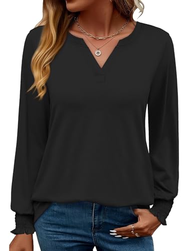 Rapbin Damen Bluse Langarm Tops Elegant Locker V-Ausschnitt Oberteile Shirt Casual Herbst Tunika (L,Schwarz) von Rapbin