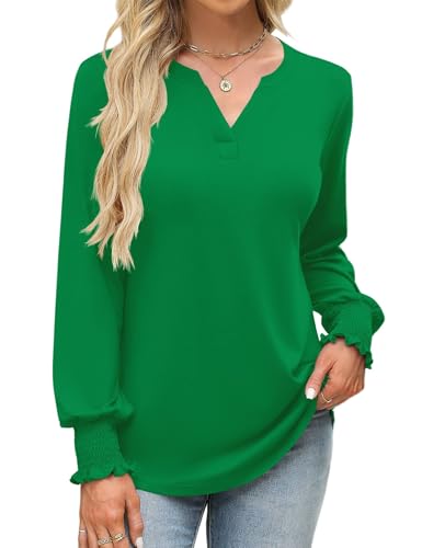 Rapbin Damen Bluse Langarm Tops Elegant Locker V-Ausschnitt Oberteile T Shirt Casual Herbst Tunika (XXL,Grün) von Rapbin