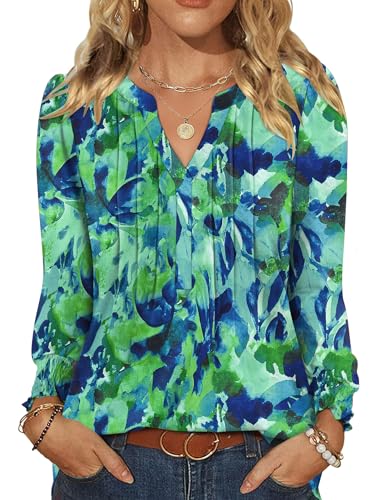 Rapbin Damen Bluse Langarmshirt V Ausschnitt Oberteile Elegant Blusenshirt Lässige Casual Shirt Herbst Tunika Bluse Tops Blau-Grün-Print XL von Rapbin
