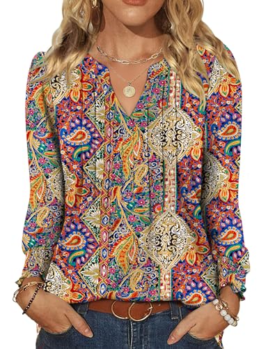 Rapbin Damen Bluse Langarmshirt V Ausschnitt Oberteile Elegant Blusenshirt Lässige Casual Shirt Herbst Tunika Bluse Tops Boho M von Rapbin